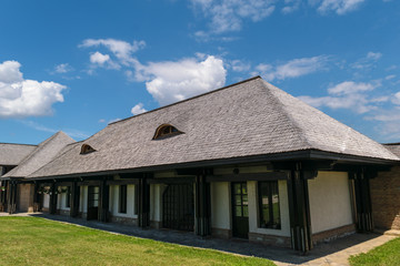 wood beams structure house with old traditional cedar wood planks tiles roof