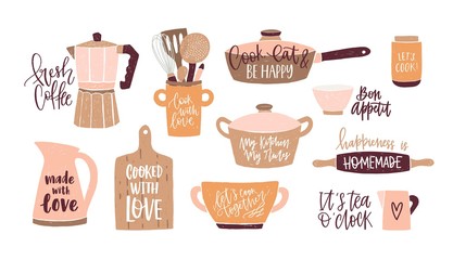Set of lettering written with cursive font and decorated with cookware, kitchen utensils for home cooking and tools for food preparation isolated on white background. Colorful vector illustration.