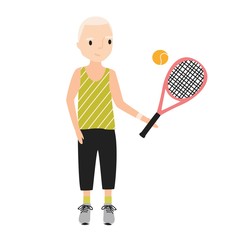 Fototapeta na wymiar Smiling boy dressed in sportswear holding tennis racket