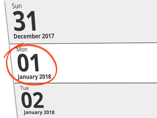 Date Monday 01 January 2018 circled in red on a calendar