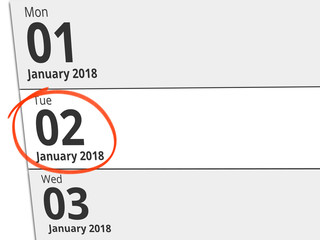 Date Tuesday 02 January 2018 circled in red on a calendar