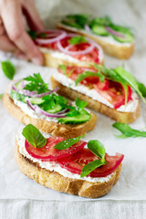 Bruschetta or sandwiches with tomatoes, cucumbers and cream cheese, decorated with greens.