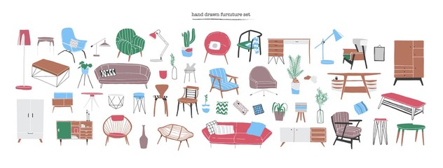 Fototapeta na wymiar Bundle of stylish and comfy modern furniture, furnishings and home interior decorations of trendy Scandinavian or hygge style isolated on white background. Colorful hand drawn vector illustration.