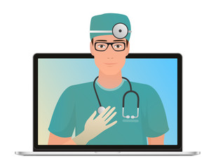 Vector Male Doctor with online medical consultation concept, Healthcare services. Ask a doctor online by laptop computer.