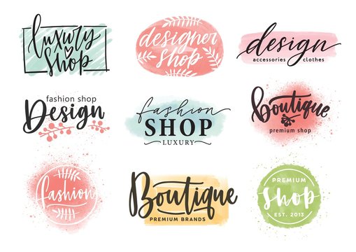 Collection of beautiful lettering hand drawn with elegant cursive font against colorful stains on background. Vector illustration for fashion boutique logo, apparel store or designer shop logotype.