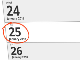 Date Thursday 25 January 2018 circled in red on a calendar
