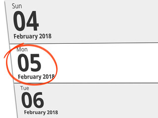 Date Monday 05 February 2018 circled in red on a calendar