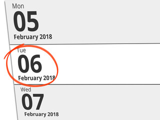 Date Tuesday 06 February 2018 circled in red on a calendar