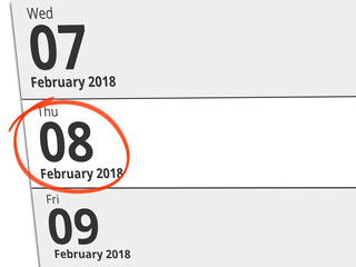 Date Thursday 08 February 2018 circled in red on a calendar