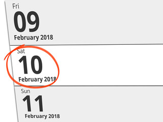 Date Saturday 10 February 2018 circled in red on a calendar