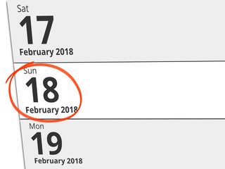 Date Sunday 18 February 2018 circled in red on a calendar