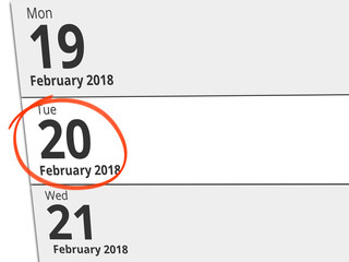 Date Tuesday 20 February 2018 circled in red on a calendar