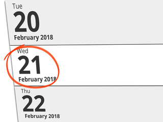 Date Wednesday 21 February 2018 circled in red on a calendar