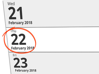 Date Thursday 22 February 2018 circled in red on a calendar