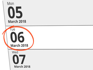 Date Tuesday 06 March 2018 circled in red on a calendar