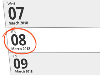 Date Thursday 08 March 2018 circled in red on a calendar