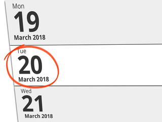 Date Tuesday 20 March 2018 circled in red on a calendar
