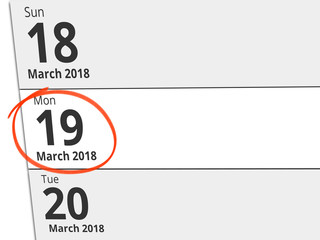 Date Monday 19 March 2018 circled in red on a calendar