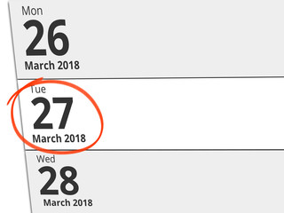 Date Tuesday 27 March 2018 circled in red on a calendar