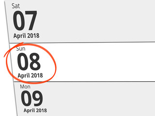 Date Sunday 08 April 2018 circled in red on a calendar