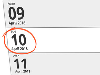 Date Tuesday 10 April 2018 circled in red on a calendar