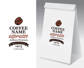 Paper packaging with label for coffee beans. Vector label for coffee with coffee bean and inscription Espresso and paper 3d package with this label.