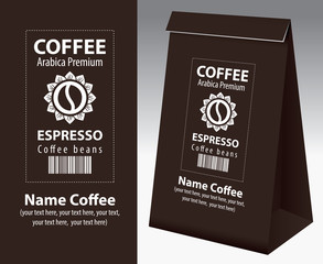 Paper packaging with label for coffee beans. Vector label for coffee with coffee bean in flower, barcode and text, and paper 3d package with this label.