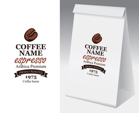 Fototapeta Paper packaging with label for coffee beans. Vector label for coffee with coffee bean and inscription Espresso and paper 3d package with this label.