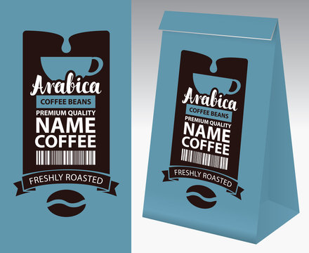 Fototapeta Paper packaging with label for coffee beans. Vector label for coffee with cup, bar code, coffee bean and inscription Arabica, and paper 3d package with this label.