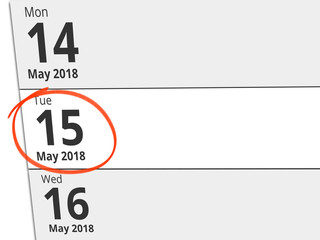 Date Tuesday 15 May 2018 circled in red on a calendar