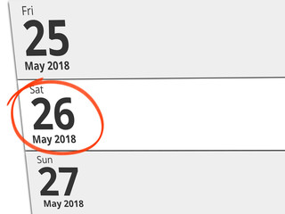 Date Saturday 26 May 2018 circled in red on a calendar