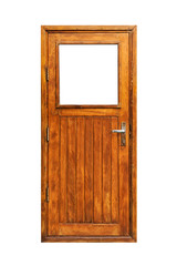 A wooden door with a window and planks isolated on white background