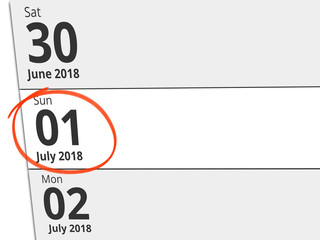 Date Sunday 01 July 2018 circled in red on a calendar