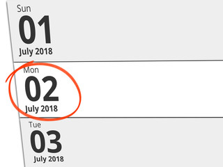 Date Monday 02 July 2018 circled in red on a calendar