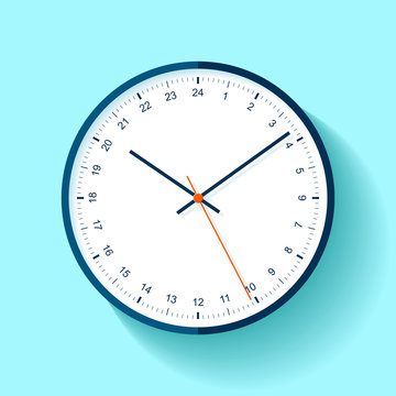 Clock icon in flat style, round timer on blue background. Twenty-four hour watch. Simple business object. Vector design element for you project