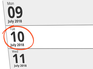 Date Tuesday 10 July 2018 circled in red on a calendar