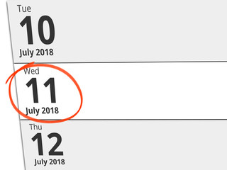 Date Wednesday 11 July 2018 circled in red on a calendar