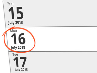Date Monday 16 July 2018 circled in red on a calendar
