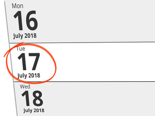 Date Tuesday 17 July 2018 circled in red on a calendar