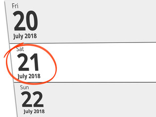 Date Saturday 21 July 2018 circled in red on a calendar