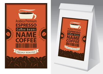 Paper packaging with label for coffee beans in retro style. Vector label for coffee with cup, bar code, coffee beans and paper 3d package with this label.
