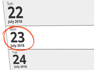 Date Monday 23 July 2018 circled in red on a calendar