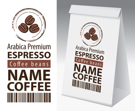 Fototapeta Paper packaging with label for coffee beans. Vector label for coffee with coffee bean and inscription Espresso and paper 3d package with this label.