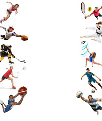 Sport collage about kickboxing, soccer, american football, basketball, ice hockey, badminton, taekwondo, tennis, rugby