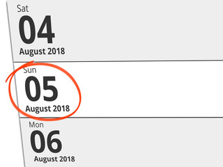 Date Sunday 05 August 2018 circled in red on a calendar