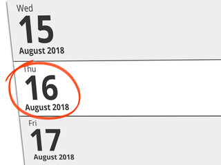 Date Thursday 16 August 2018 circled in red on a calendar