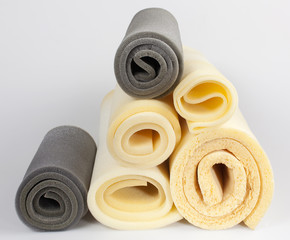 foam, samples of gray and yellow color, in rolls, composition