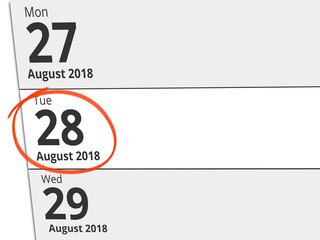 Date Tuesday 28 August 2018 circled in red on a calendar