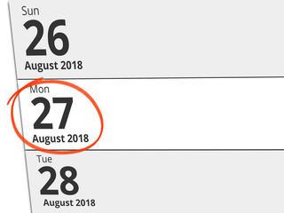 Date Monday 27 August 2018 circled in red on a calendar