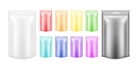 White and color empty plastic packaging with zipper. Blank foil sachet for food or drink
